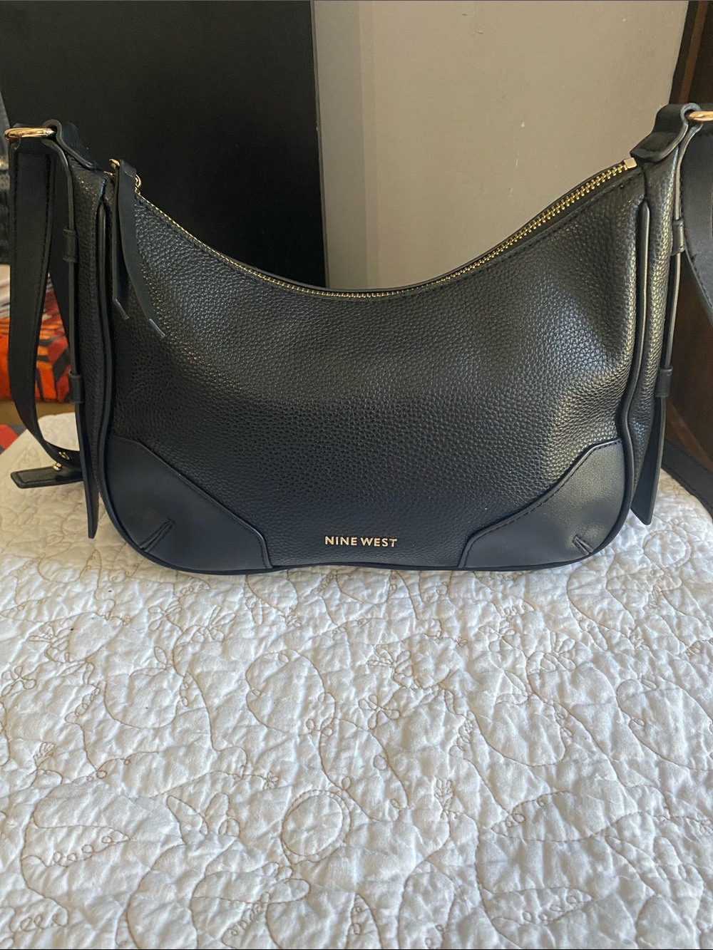 Nine West  Black Pebbled Hobo Shoulder Bag with Gold hardware